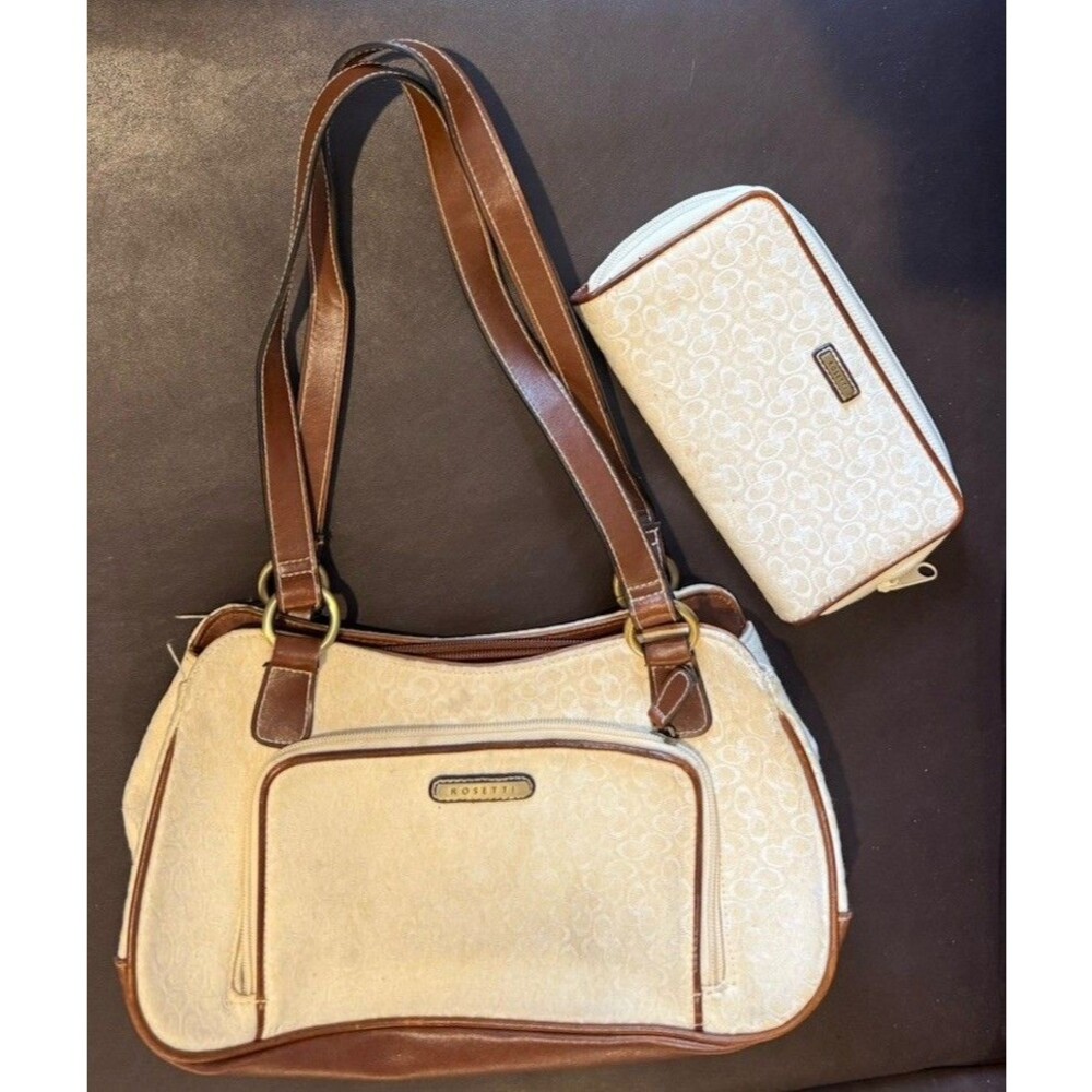 Rosetti shoulder bag with matching wallet in a white and brown color scheme.
